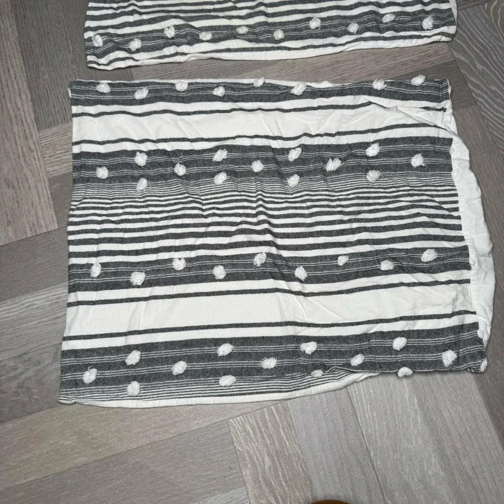 Set of 2 Striped Tufted Pom Pom Pillow Shams‎ Charcoal White Boho Farmhouse